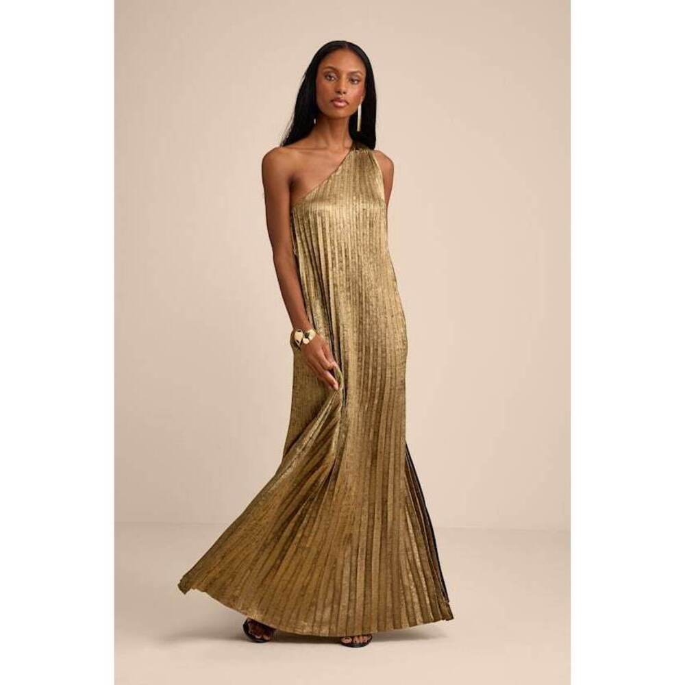 Lulus Averette Bronze Metallic Pleated One-shoulder Maxi Dress Gold - Size XS